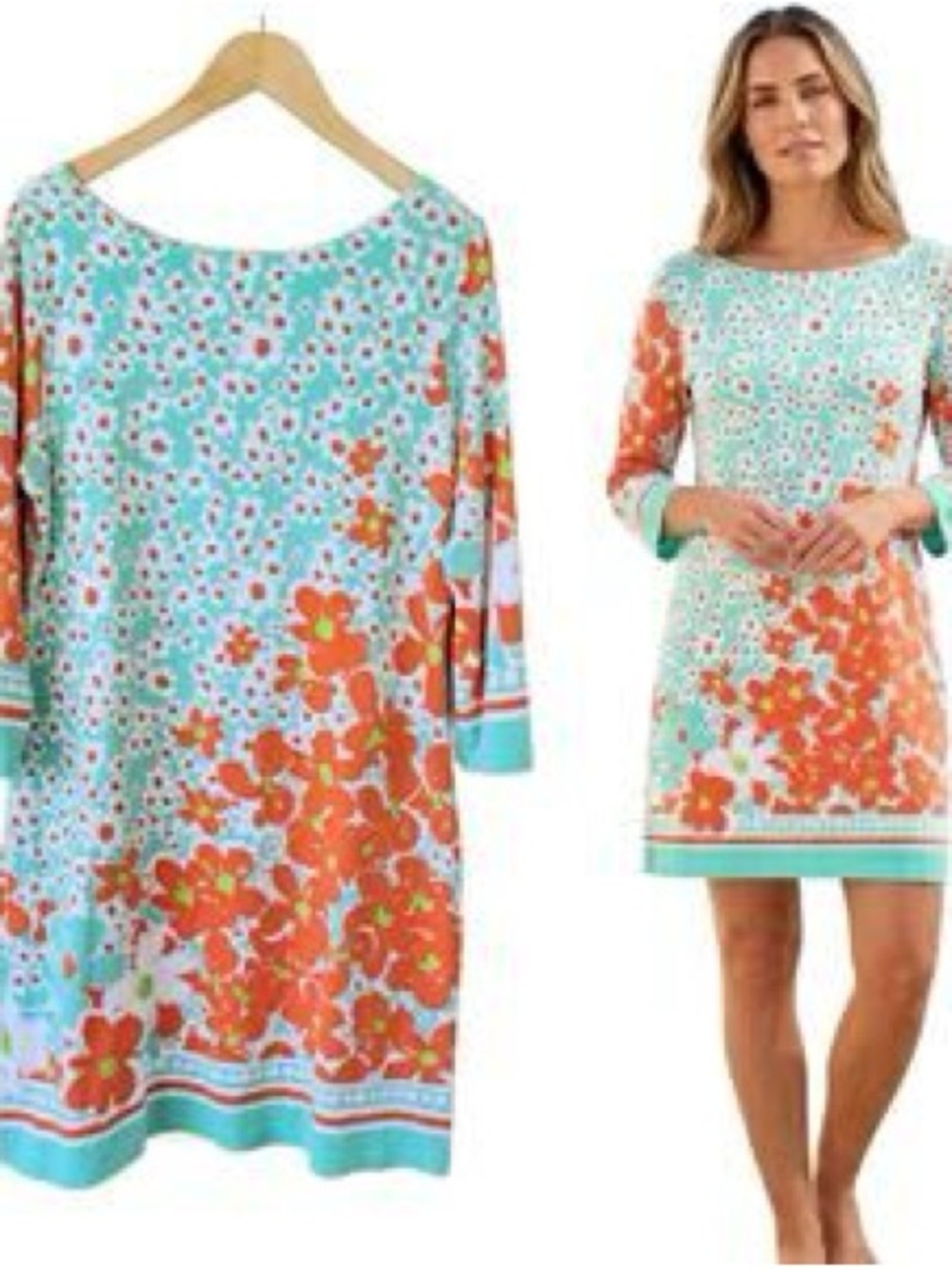 Floral Shift Dress in Aqua & Coral by Barbara Gerwit. Small.